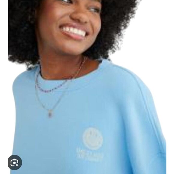 Aerie Smiley Real Crew Oversized Baby Blue Sweatshirt Trending Size XS - Picture 5 of 9